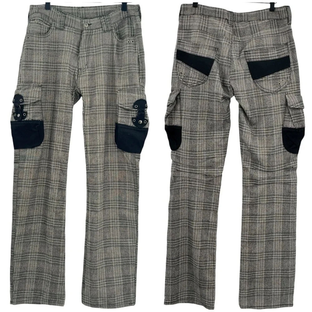 Vintage Japanese Tete Homme Plaid Cargo Pants Wool Blend Gray Black | 30